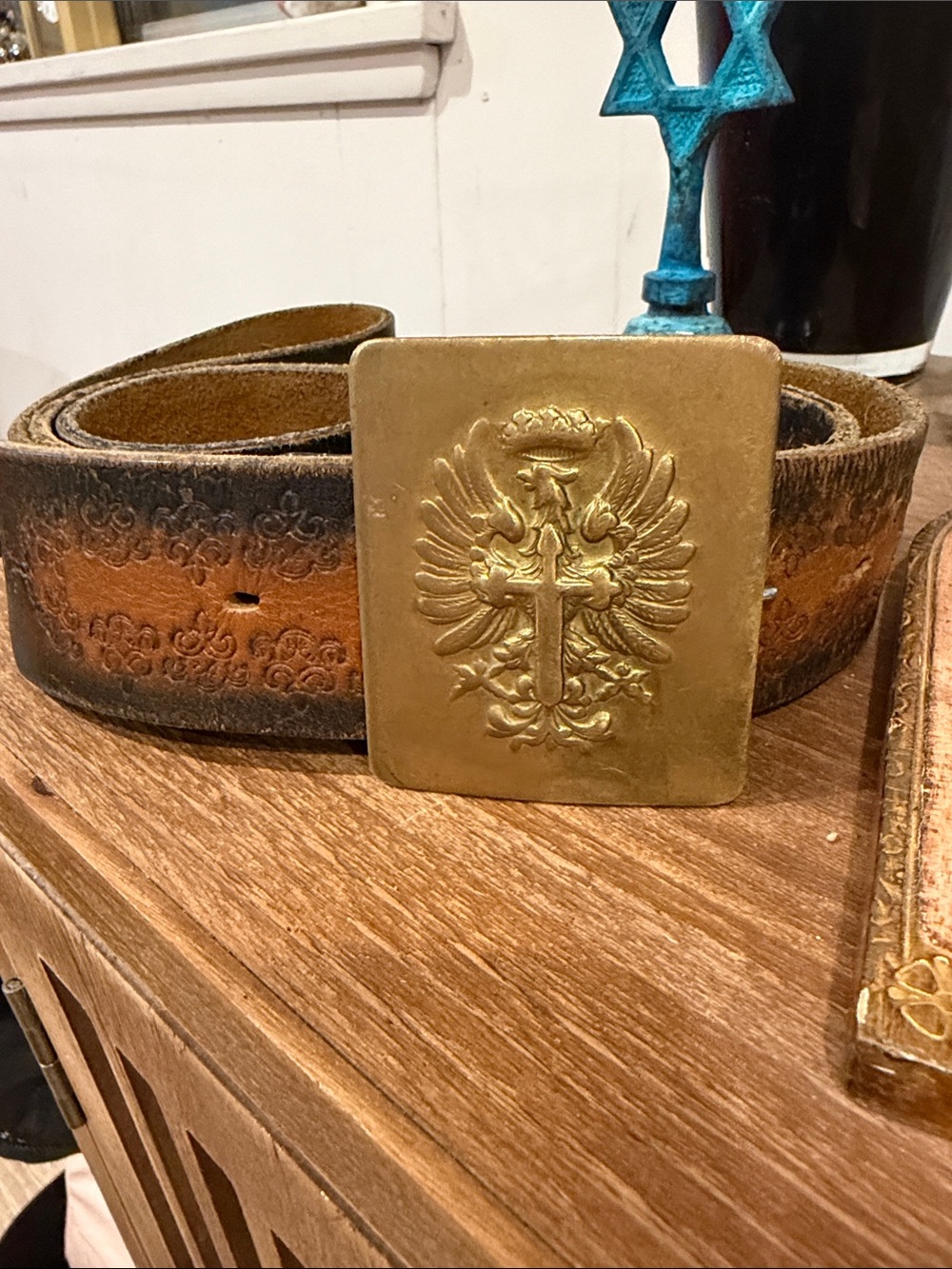 Spanish War  “Cereceda” Eagle Cross Crown Belt Buckle with Tooled Leather Stra